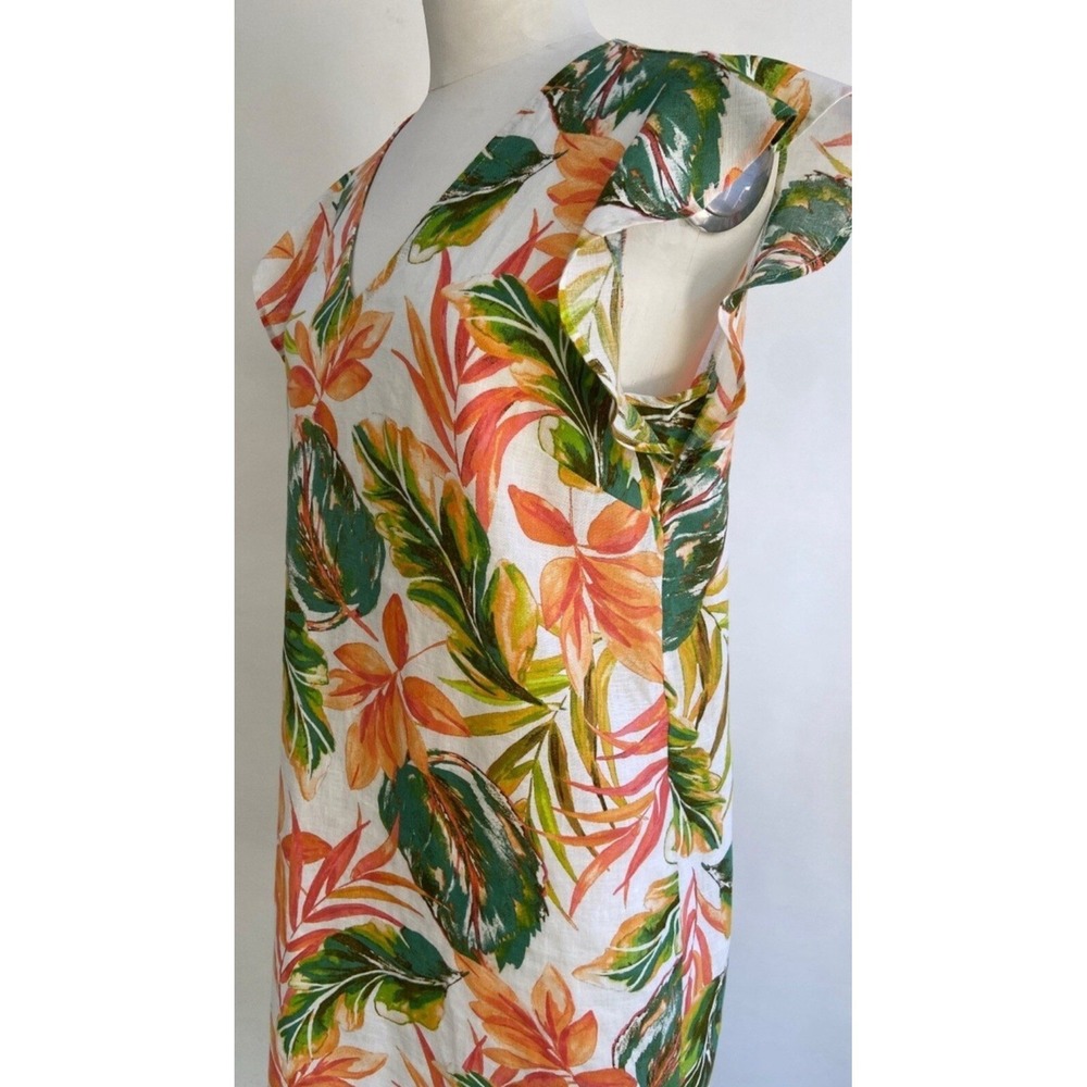 Nicole Miller New York Tropical Linen V Neck Flutter Sleeve Dress Size L